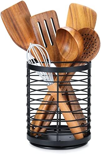  Utensil Holder For Kitchen Counter - 5.2" X 5.2" X 6" Large Round Utensils Holder With Wooden Base Matte Black Cooking Utensil Holder，Kitchen Countertop Utensil Organizer (Metal+Bamboo)