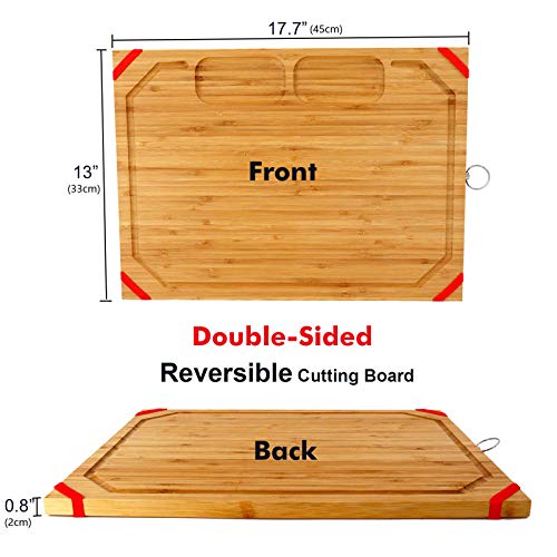  Nique Large Bamboo Cutting Board, 17.7'' Organic Chopping Board With Non-slip Rubber Grips, With 2 Specially Designed Compartments For Chopped Garlic Onion Meat