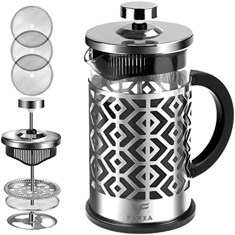  French Press Coffee Maker 12 Ounce Stainless Steel With Borosilicate Glass Heat Resistant 4 Level Filtration System For Brew Coffee & Tea Dishwasher Safe 350ml (12oz, Stainless Black)