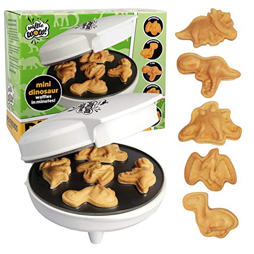 Dinosaur Mini Waffle Maker- 5 Different Shaped Dinos In Minutes - Make Fun Jurassic Breakfast For Kids And Adults With Cool Novelty Pancakes, Electric Non-Stick Waffler Iron, Fun Gift For Holiday