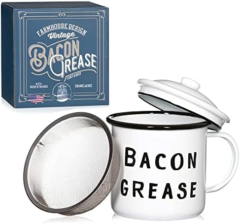  Bacon Grease Container With Strainer - Rustic Mid-century Modern Farmhouse Design, White Enamel On Metal, 4 Inch X 4 Inch Vintage Enamelware With Lid (Black)
