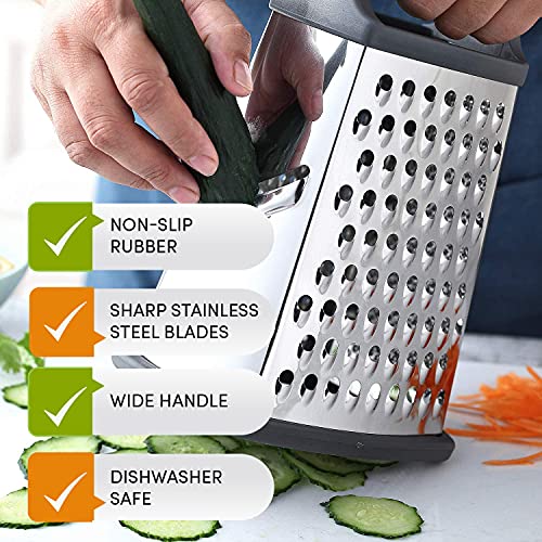  Professional Box Grater, Stainless Steel With 4 Sides, Best For Parmesan Cheese, Vegetables, Ginger, XL Size, Black