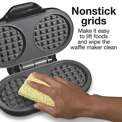  Double Mini Waffle Maker Machine With 4” Round Non-stick Grids, Makes 2 Personalized Individual Breakfast Chaffles And Hashbrowns, Compact, Black (26102)