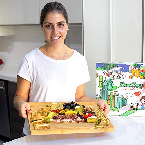  Extra Large Bamboo Cutting Board-Wood Cutting Board Set For Kitchen Chopping Board For Meat (Butcher Block) W/Juice Groove & Compartment & Handles W/6 Utensils &1 Canvas Bag L17"X13"