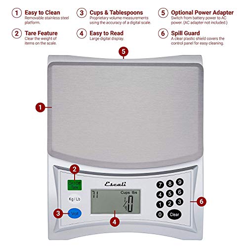  Pana V136 Large Volume Measuring Kitchen/Baking/Cooking Scale, Preprogrammed With Over 500 Ingredients, LCD Digital Display, 13lb Capacity, Universal, Light Grey