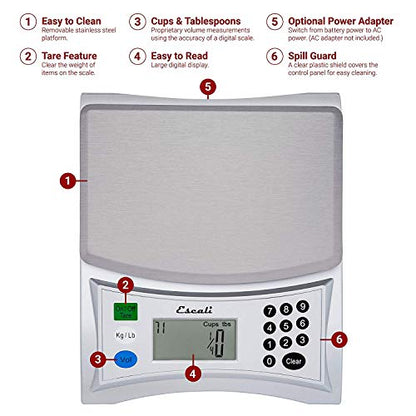  Pana V136 Large Volume Measuring Kitchen/Baking/Cooking Scale, Preprogrammed With Over 500 Ingredients, LCD Digital Display, 13lb Capacity, Universal, Light Grey