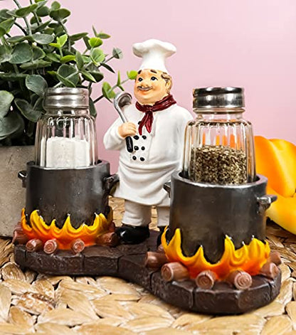  Bouillon French Chef Jean With Flaming Double Cauldron Pots Salt And Pepper Shakers Holder Figurine For Kitchen Dining Table Hosting Spice Rack Accessories Gift Ideas For Women Men Chefs Cooks