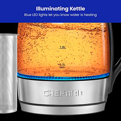  Electric Glass Kettle, Fast Boiling W/ LED Lights, Auto Shutoff & Boil Dry Protection, Cordless Pouring, BPA Free, Removable Tea Infuser, 1.8 Liters, Stainless Steel