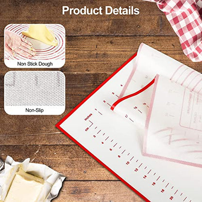  Silicone Pastry Mat For Rolling Dough, 28" X 20" Non Slip Extra Thick Large Baking Mat With Measurement Fondant Mat, Dough Mat, Counter Mat For Cookies, Macarons, Bread, Pizza - Red