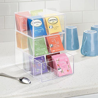  MDesign Plastic Wide Kitchen Pantry, Cabinet, Countertop Organizer Storage Station With 3 Drawers For Coffee, Tea, Sugar Packets, Sweeteners, Creamers, Drink Pods, Packets; 18 Sections - Clear