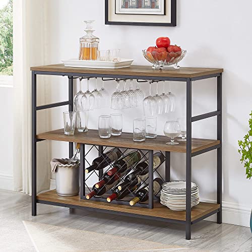 Wine Rack Table With Glass Holder And Wine Storage, Industrial Rustic Wood And Metal Bar Buffet Cabinet, Oak