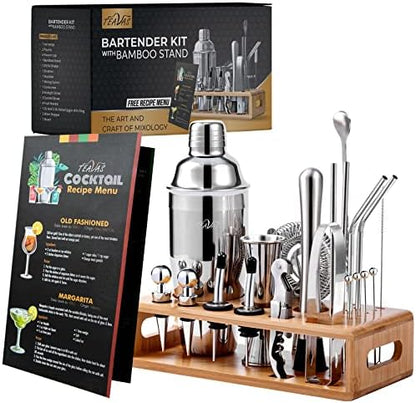  Mixology Bartender Kit With Bamboo Stand And Japanese Jigger | 25-Piece Bar Set Profesional Stainless Steel Bar Tools | Boston Cocktail Shaker Set | Recipe Menu | Barware Present