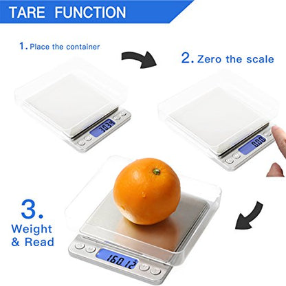  500G/0.01G Digital Kitchen Scale - Tare & PCS Function, 6 Units, Back-Lit LCD, Pocket-Size, Battery Powered - Silver
