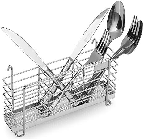  Sturdy 304 Stainless Steel Utensil Drying Rack Basket Holder With Hooks 3 Divided Compartments, Rust Proof, No Drilling
