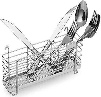  Sturdy 304 Stainless Steel Utensil Drying Rack Basket Holder With Hooks 3 Divided Compartments, Rust Proof, No Drilling