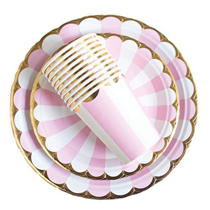  Pink And Gold Foil Party Supplies Set - 90PCS (Serves 30 Guests) Disposable Dinner Dessert Paper Plates 9oz Cups Baby Girl Boy Shower Gender Reveal Bridal Shower Birthday Wedding Party Decoration