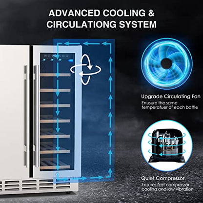  Wine And Beverage Refrigerator, 24 Inch Dual Zone Wine Fridge With Safety Locks, Under Counter Wine Cooler Beer Fridge Built-In Or Freestanding, Holds 20 Bottles And 57 Cans (Glass Door & Foam Door)