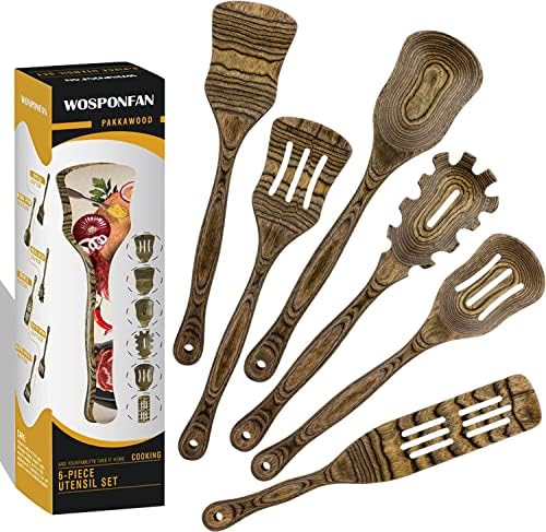  Wooden Spoons For Cooking, WOSPONFAN Kitchen Utensils Set, Pakkawood Kitchen Cooking Utensils Set, Apartment Essentials Wood Serving Spatula Spoon, Salad Tongs, Home & Kitchen Gift For Women