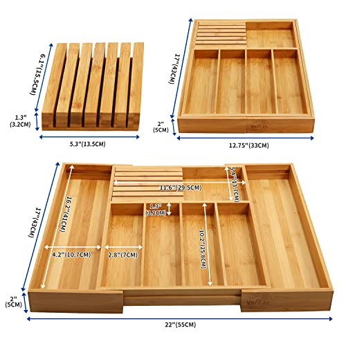  Bamboo Silverware Drawer Organizer Kitchen, Expandable Utensil Holder And Cutlery Tray With Divider | 13"-21.6" Flatware Storage And Removable Knife Block