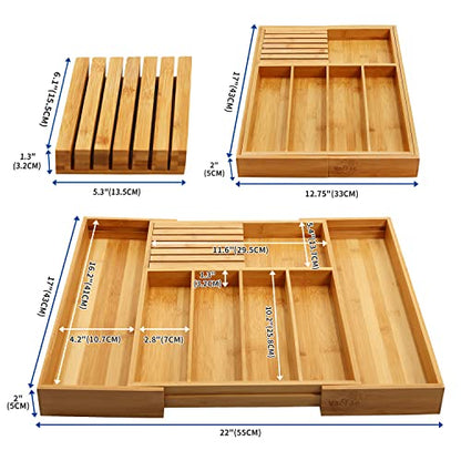  Bamboo Silverware Drawer Organizer Kitchen, Expandable Utensil Holder And Cutlery Tray With Divider | 13"-21.6" Flatware Storage And Removable Knife Block