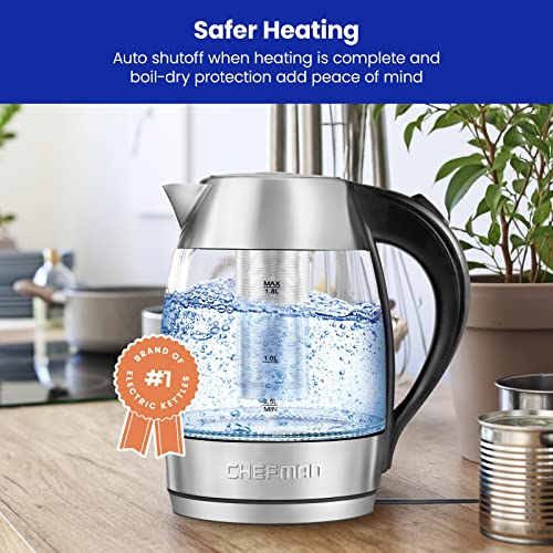  Electric Glass Kettle, Fast Boiling W/ LED Lights, Auto Shutoff & Boil Dry Protection, Cordless Pouring, BPA Free, Removable Tea Infuser, 1.8 Liters, Stainless Steel