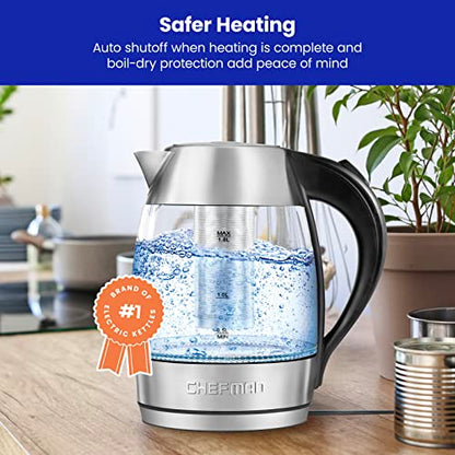  Electric Glass Kettle, Fast Boiling W/ LED Lights, Auto Shutoff & Boil Dry Protection, Cordless Pouring, BPA Free, Removable Tea Infuser, 1.8 Liters, Stainless Steel