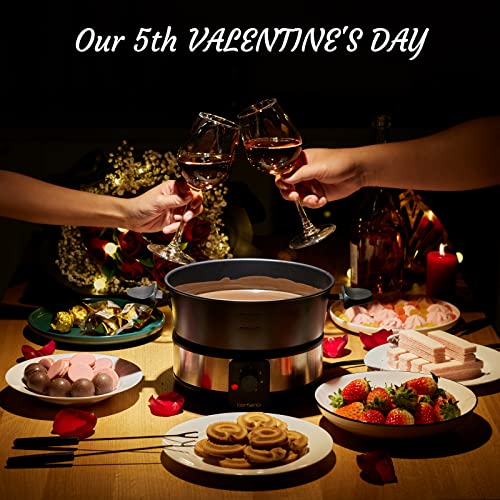  Befano Stainless Steel Fondue Pot With Temperature Control, Forks, Cups, And Rack, 2-Quart, Non-Stick, Perfect For Chocolate, Cheese, Caramel, Marshmallows, Great For Valentine's Day