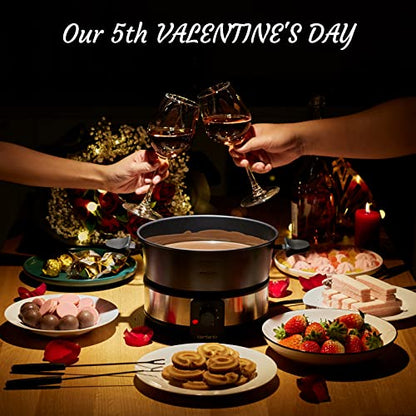  Befano Stainless Steel Fondue Pot With Temperature Control, Forks, Cups, And Rack, 2-Quart, Non-Stick, Perfect For Chocolate, Cheese, Caramel, Marshmallows, Great For Valentine's Day