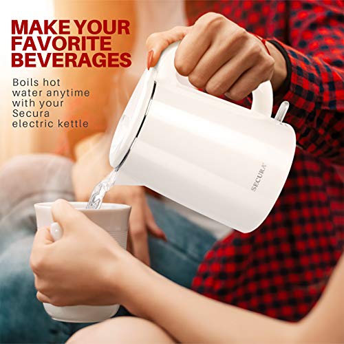  Stainless Steel Double Wall Electric Kettle Water Heater For Tea Coffee W/Auto Shut-Off And Boil-Dry Protection, 1.0L (White)