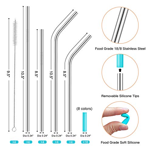  Set Of 16 Reusable Stainless Steel Straws With Travel Case Cleaning Brush Silicone Tips Eco Friendly Extra Long Metal Straws Drinking For 20 24 30 Oz Tumbler