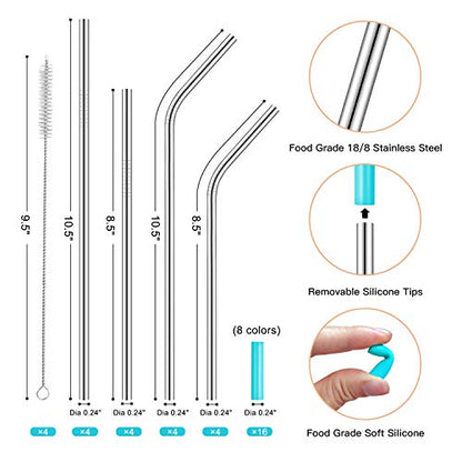  Set Of 16 Reusable Stainless Steel Straws With Travel Case Cleaning Brush Silicone Tips Eco Friendly Extra Long Metal Straws Drinking For 20 24 30 Oz Tumbler