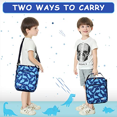  Lunch Boxes Bag For Kids, Insulated Lunchbox Reusable Containers For Boys With Detachable Shoulder Strap For School Blue Dinosaur