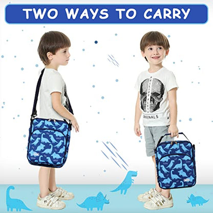  Lunch Boxes Bag For Kids, Insulated Lunchbox Reusable Containers For Boys With Detachable Shoulder Strap For School Blue Dinosaur