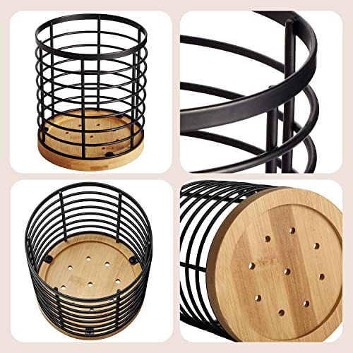  Utensil Holder For Kitchen Counter - 5.2" X 5.2" X 6" Large Round Utensils Holder With Wooden Base Matte Black Cooking Utensil Holder，Kitchen Countertop Utensil Organizer (Metal+Bamboo)
