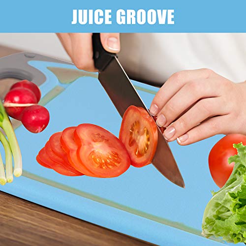  Cutting Boards For Kitchen, Plastic Chopping Board Set Of 4 With Non-Slip Feet And Deep Drip Juice Groove, Easy Grip Handle, Dishwasher Safe, BPA Free, Non-porous(Blue/Gray)