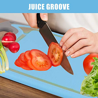  Cutting Boards For Kitchen, Plastic Chopping Board Set Of 4 With Non-Slip Feet And Deep Drip Juice Groove, Easy Grip Handle, Dishwasher Safe, BPA Free, Non-porous(Blue/Gray)