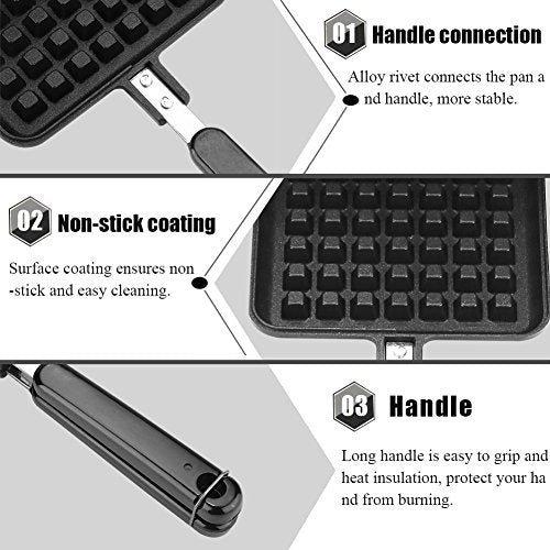  Waffle Baking Mold Pan, Non-Stick Waffle Maker Pan Mould Press Plate Cooking Baking Tool, Insulated Handle Press The Double-Side Plate, For Fuel Gas Stove (Black_Aluminum + Aluminum Alloy)