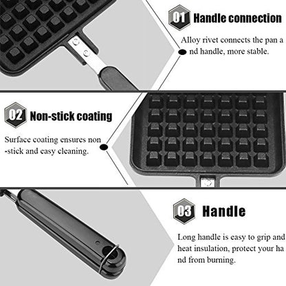  Waffle Baking Mold Pan, Non-Stick Waffle Maker Pan Mould Press Plate Cooking Baking Tool, Insulated Handle Press The Double-Side Plate, For Fuel Gas Stove (Black_Aluminum + Aluminum Alloy)