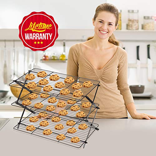  3-Tier Collapsible Cooling Rack - Bonus Baking Mat Included - Expandable & Foldable Cookie Cooling Wire Rack - Baking Rack - Foldable Cooling Rack For Baking Supplies - Premium Quality & Sturdy Legs