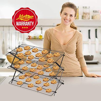  3-Tier Collapsible Cooling Rack - Bonus Baking Mat Included - Expandable & Foldable Cookie Cooling Wire Rack - Baking Rack - Foldable Cooling Rack For Baking Supplies - Premium Quality & Sturdy Legs