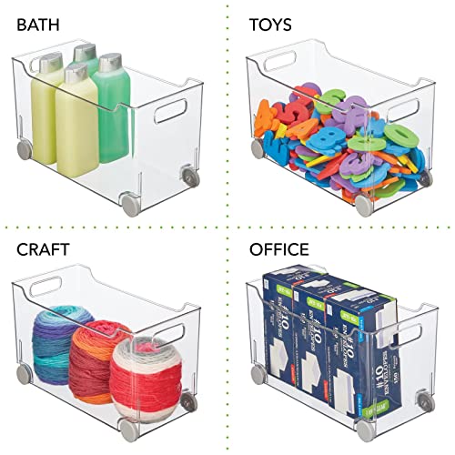  Plastic Storage Container Bin Box With Rolling Wheels And Handle For Kitchen Organization - Pantry, Cupboard, Cabinet Shelves, Or Under Sink - Lumiere Collection - Clear/Gray