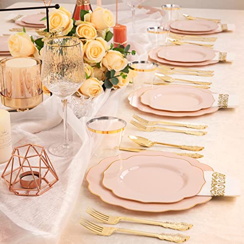  175PCS Pink Plastic Plates With Gold Disposable Silverware-Include 50 Plates 25Knives 25Forks 25Spoons 25Cups And 25Napkins-Ideal For Wedding, Party, Shower&Mother’s Day
