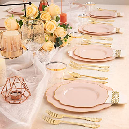  175PCS Pink Plastic Plates With Gold Disposable Silverware-Include 50 Plates 25Knives 25Forks 25Spoons 25Cups And 25Napkins-Ideal For Wedding, Party, Shower&Mother’s Day