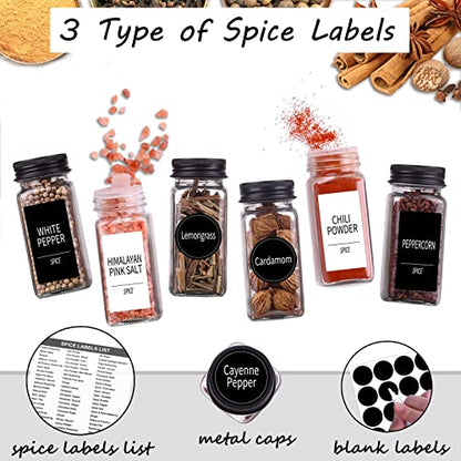  36 Spice Jars With 547 Labels- Glass Spice Jars With Black Metal Caps, 4oz Empty Spice Containers With Shaker Lids, Funnel, Chalk Pen, Square Seasoning Bottles For Spice Rack, Drawer, Cabinet