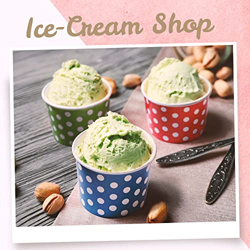  Paper Ice Cream Cups - 50-Count 4-Oz Disposable Dessert Bowls For Hot Or Cold Food, 4-Ounce Party Supplies Treat Cups For Sundae, Frozen Yogurt, Soup, 5 Colors, Polka Dots