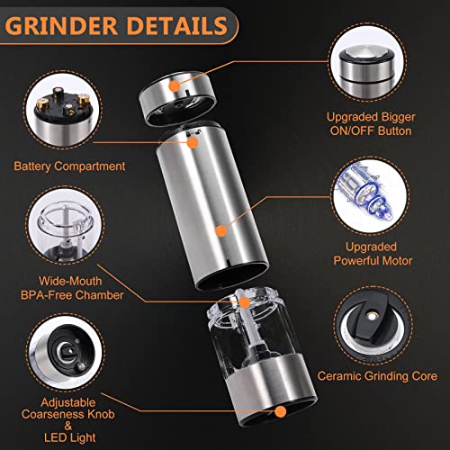  Electric Salt And Pepper Grinder Set Battery Operated| Stainless Steel Auto Pepper Mill Grinder Refillable| One Hand Operation| LED Light| Adjustable Coarseness| 2 Pack
