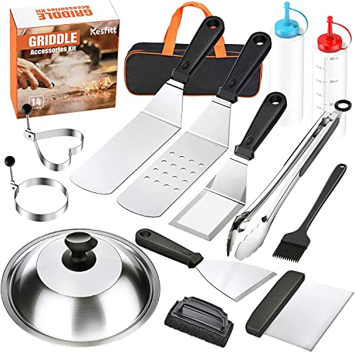  Blackstone Griddle Accessories Kit, 14pcs Flat Top Grill Accessories Set For Blackstone And Camp Chef, Enlarged Spatulas, Basting Cover, Scraper, Tongs, Grill Spatula Kit For Outdoor BBQ