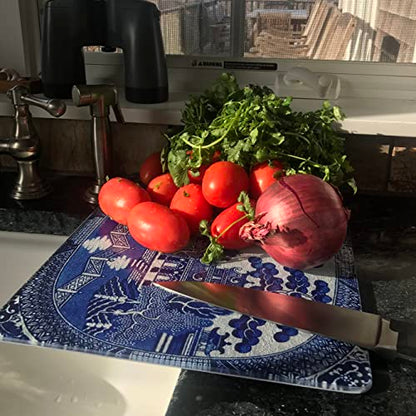  Blue Willow Tempered Glass Cutting Board- 15 X 12 Inch