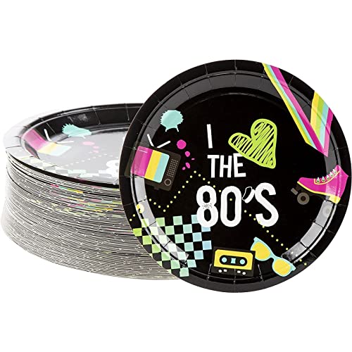  80-Pack Retro 80s Party Plates For I Love The 1980s Birthday Supplies (Black, 9 In)