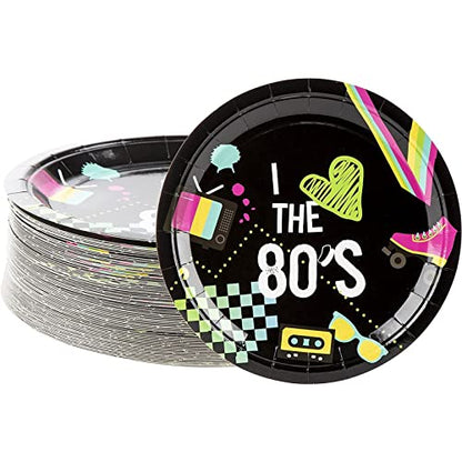  80-Pack Retro 80s Party Plates For I Love The 1980s Birthday Supplies (Black, 9 In)